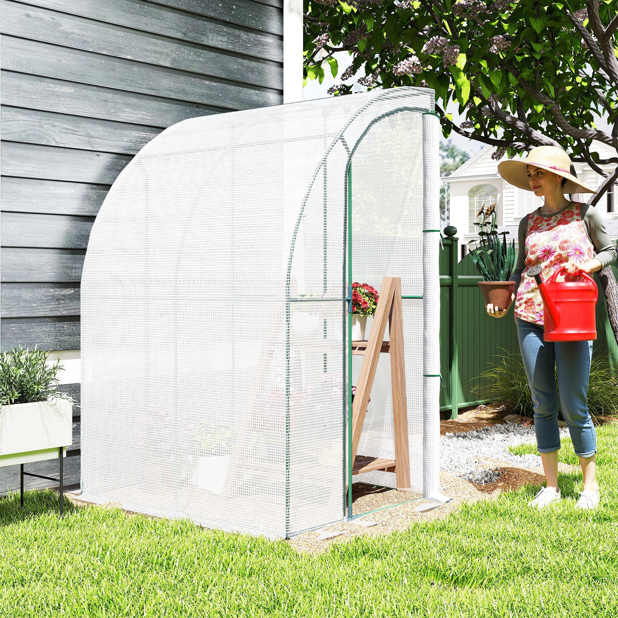 5' x 4' x 7' Outdoor Lean to Greenhouse, Walk-In Green House Plant Nursery with Roll-up Window, PE Cover, White