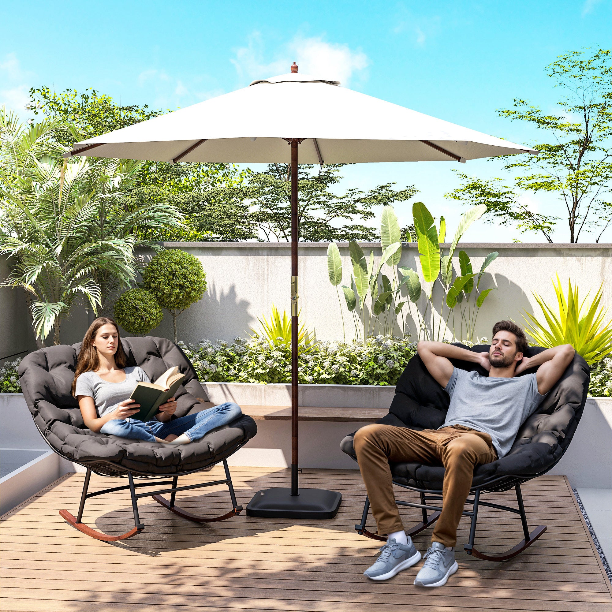 Outdoor Rocking Chair Patio Set of 2, Oversized Rocking Papasan Chairs with Cushions for Garden Porch, 265 lbs.