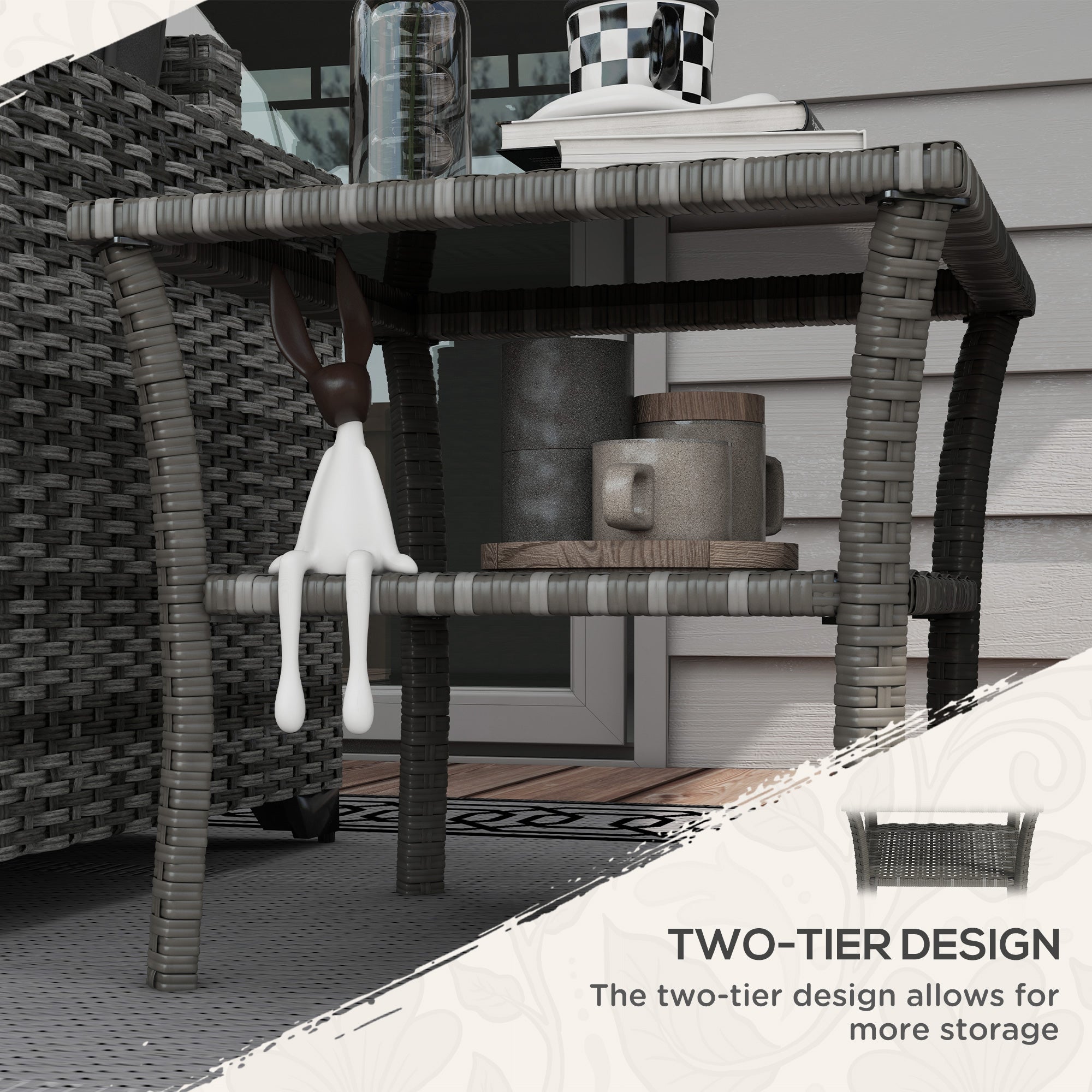 Rattan Side Table, Outdoor End Table with Storage Shelf, Aluminum Frame Square, Coffee Table with Tempered Glass Top