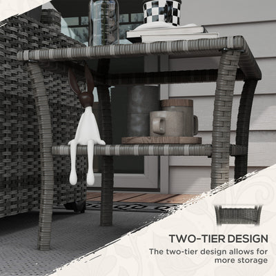 Rattan Side Table, Outdoor End Table with Storage Shelf, Aluminum Frame Square, Coffee Table with Tempered Glass Top