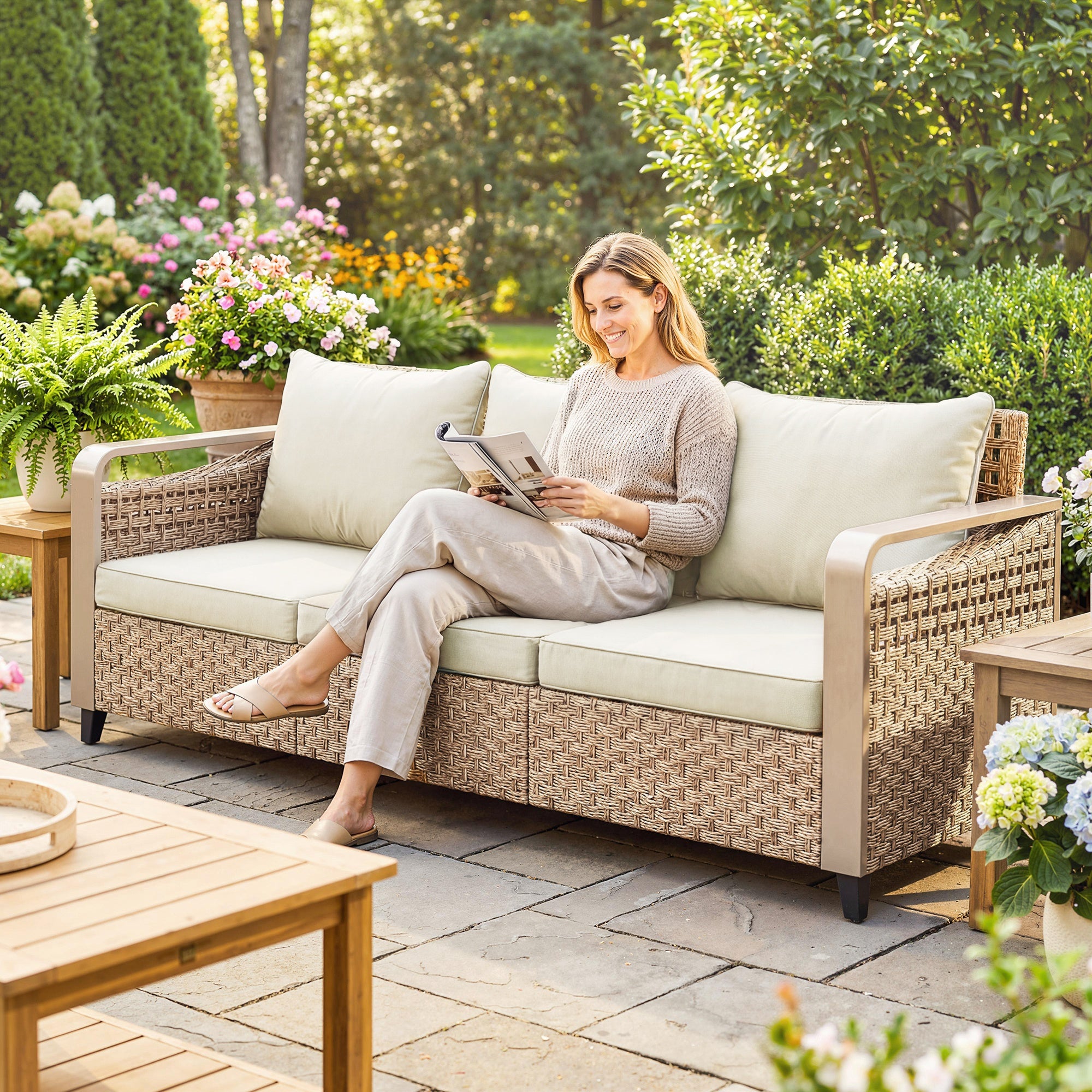 Rattan Wicker Sofa 3-Seater Outdoor Patio Sofa with Cushions for Garden Backyard Porch