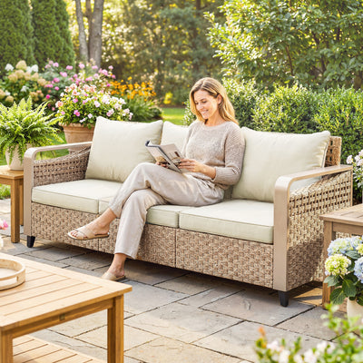 Rattan Wicker Sofa 3-Seater Outdoor Patio Sofa with Cushions for Garden Backyard Porch