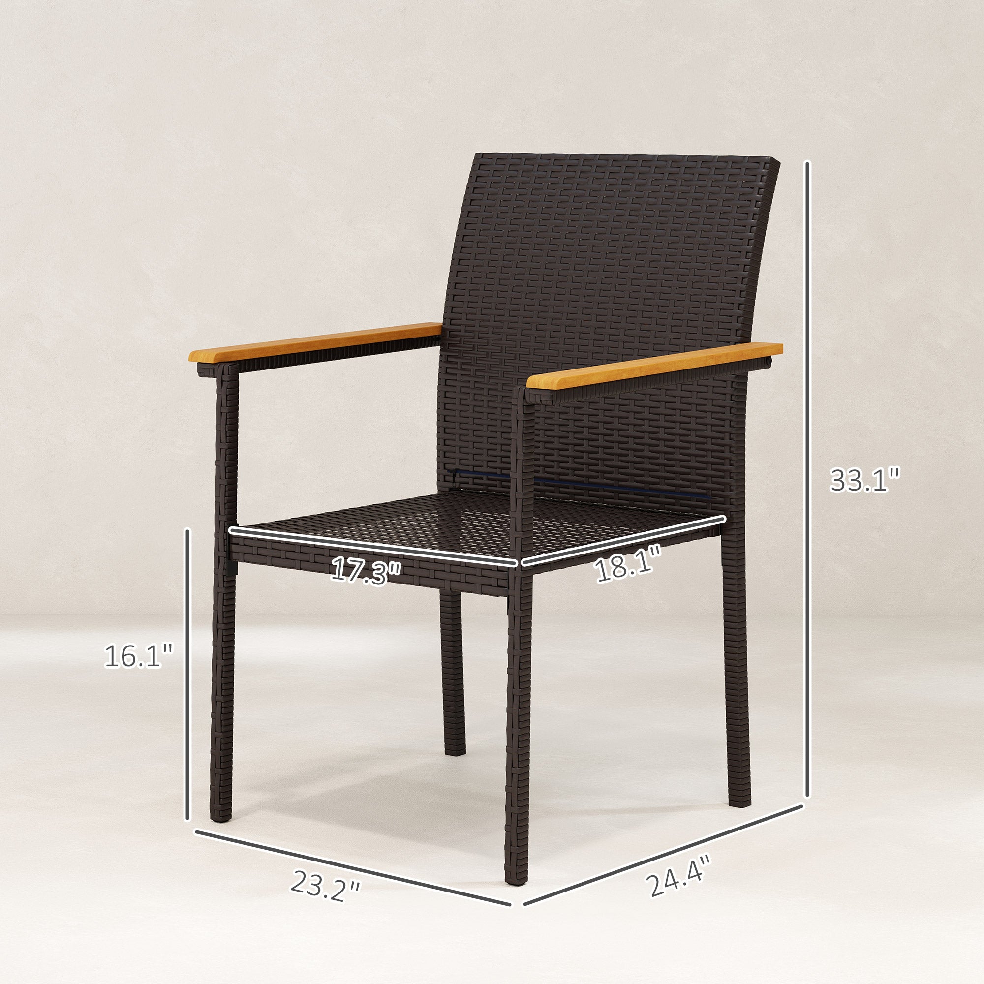 Stackable Patio Wicker Dining Chair Set of 2 with Cushions, Backrest, Armrests for Deck, Garden