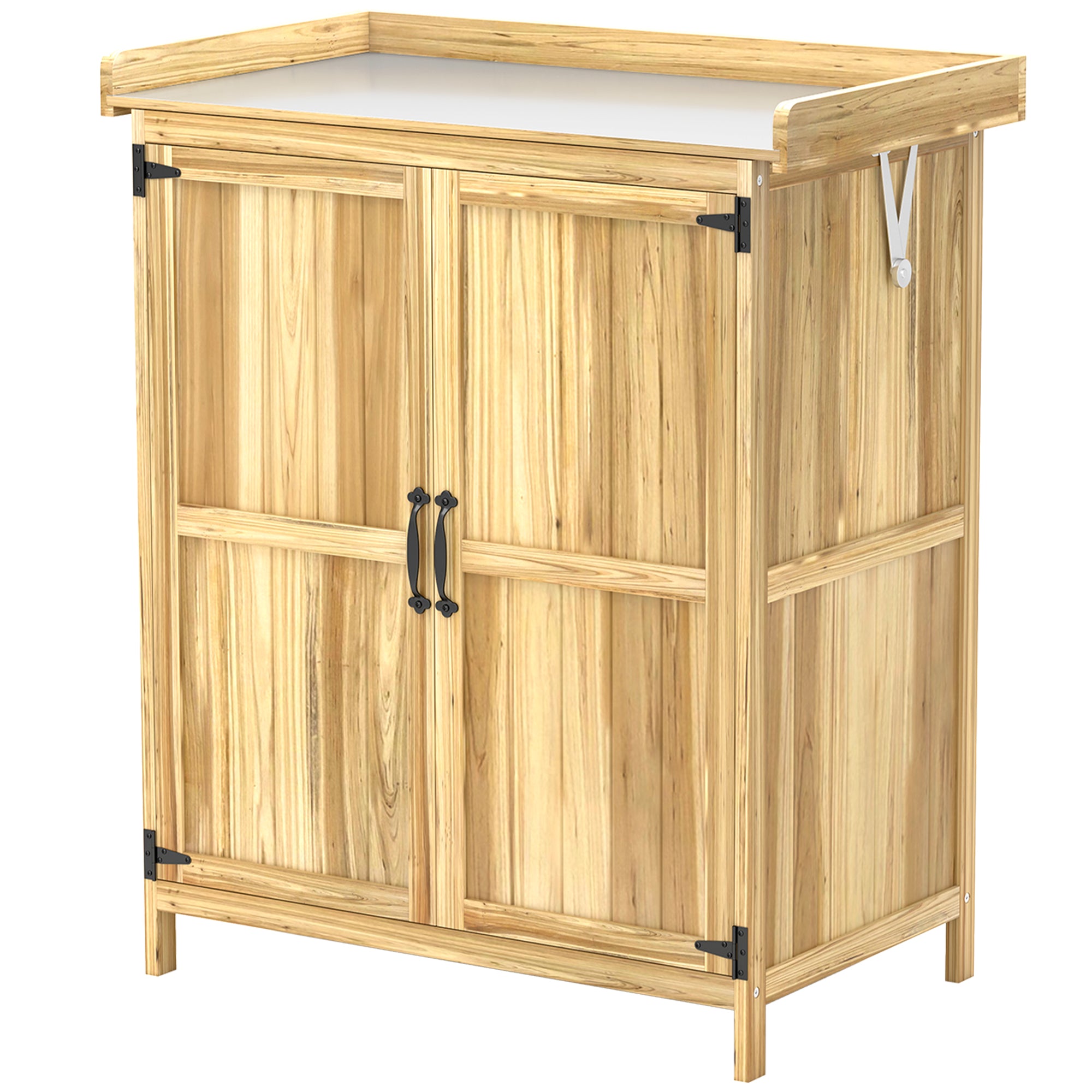 Outdoor Storage Cabinet, Garden Tool Shed with Metal Tabletop and Shelf, Wooden Potting Bench with 2 Doors