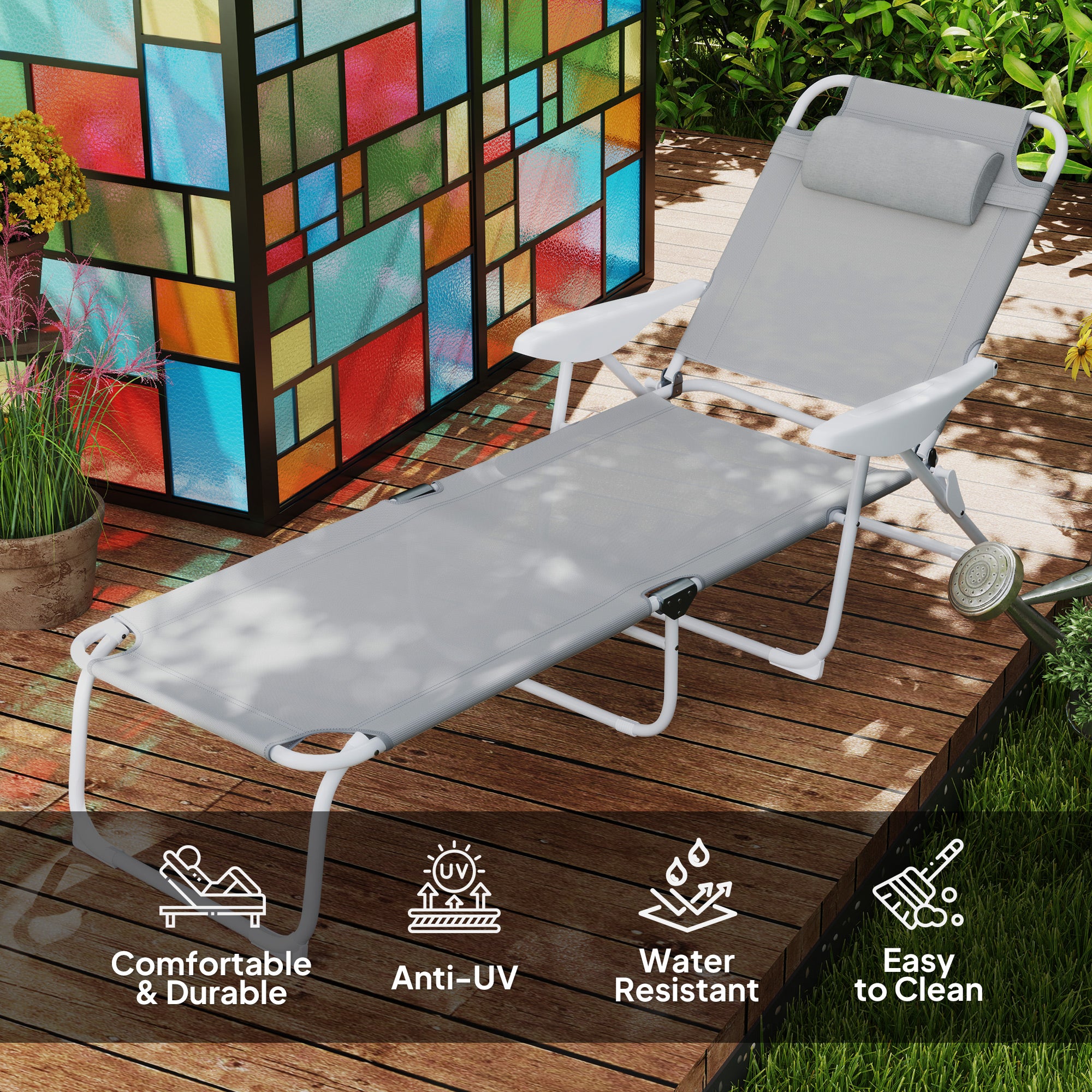 Folding Chaise Lounge, Outdoor Sun Tanning Chair, 4-Position Reclining Back, Armrests, Removable Pillow, Light Gray