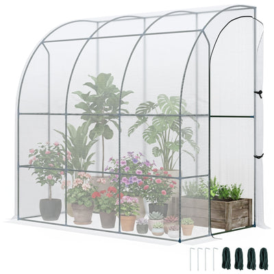 7' x 4' x 7' Outdoor Lean to Greenhouse, Walk-In Green House Plant Nursery with Roll-up Window, PE Cover, White