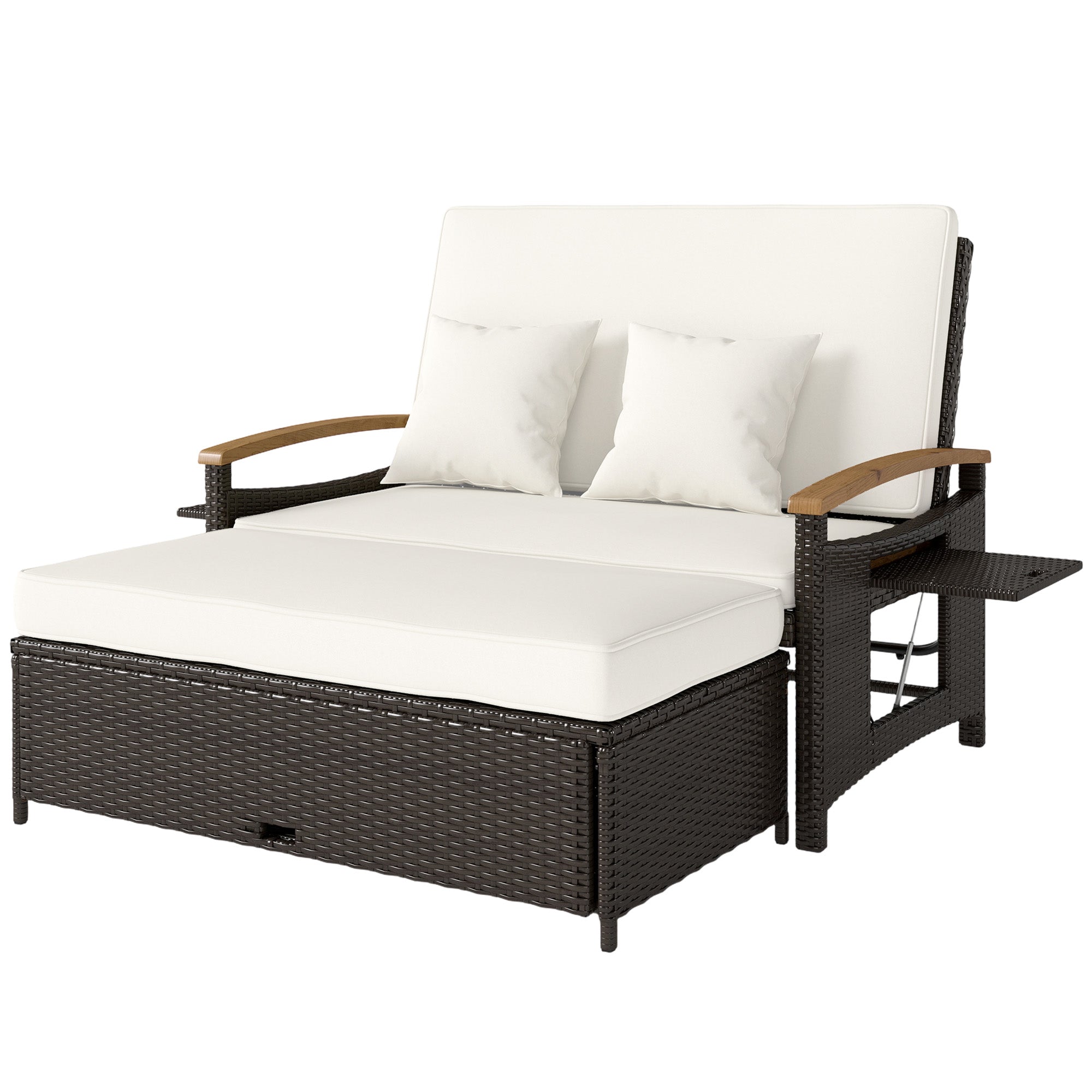 Rattan Outdoor Daybed w/4-Level Adjustable Backrest, Patio Sofa Bed w/Storage Ottoman, Acacia Wood Armrest