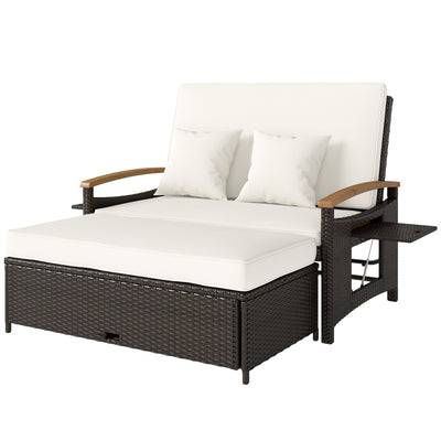 Rattan Outdoor Daybed w/4-Level Adjustable Backrest, Patio Sofa Bed w/Storage Ottoman, Acacia Wood Armrest