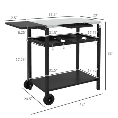 2-Tier Shelf Outdoor Bar Cart, Stainless Steel Tabletop Patio Serving Cart with Accessories for Poolside, Garden, Black