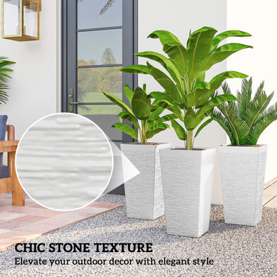 22.8 Inch Set of 3 Outdoor Planters with Stone Finish and Wheels, Stackable Tapered Planters with Drainage Hole