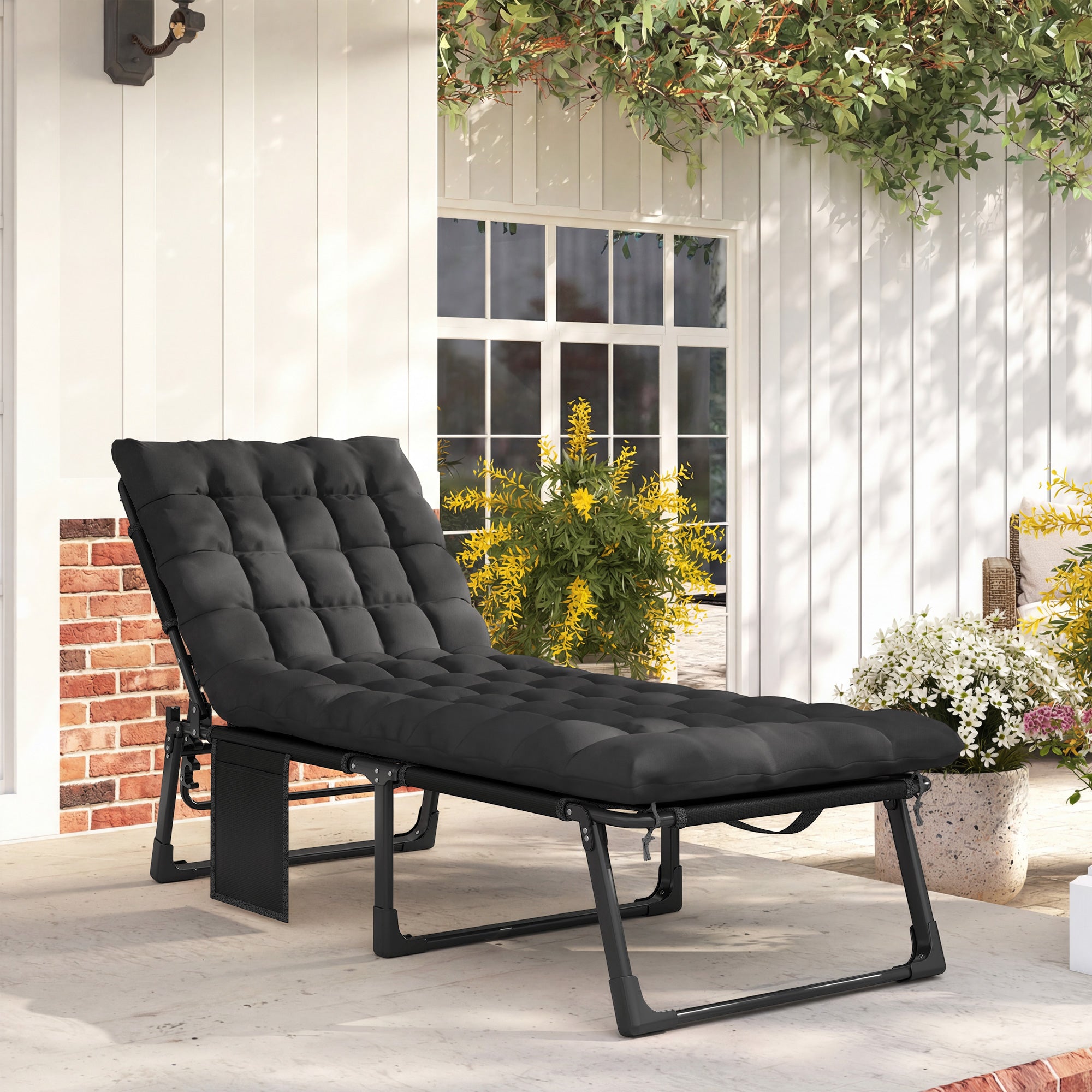 Folding Chaise Lounge Chair Outdoor Tanning Chair with 5-Position Backrest, Cushion, Side Pocket