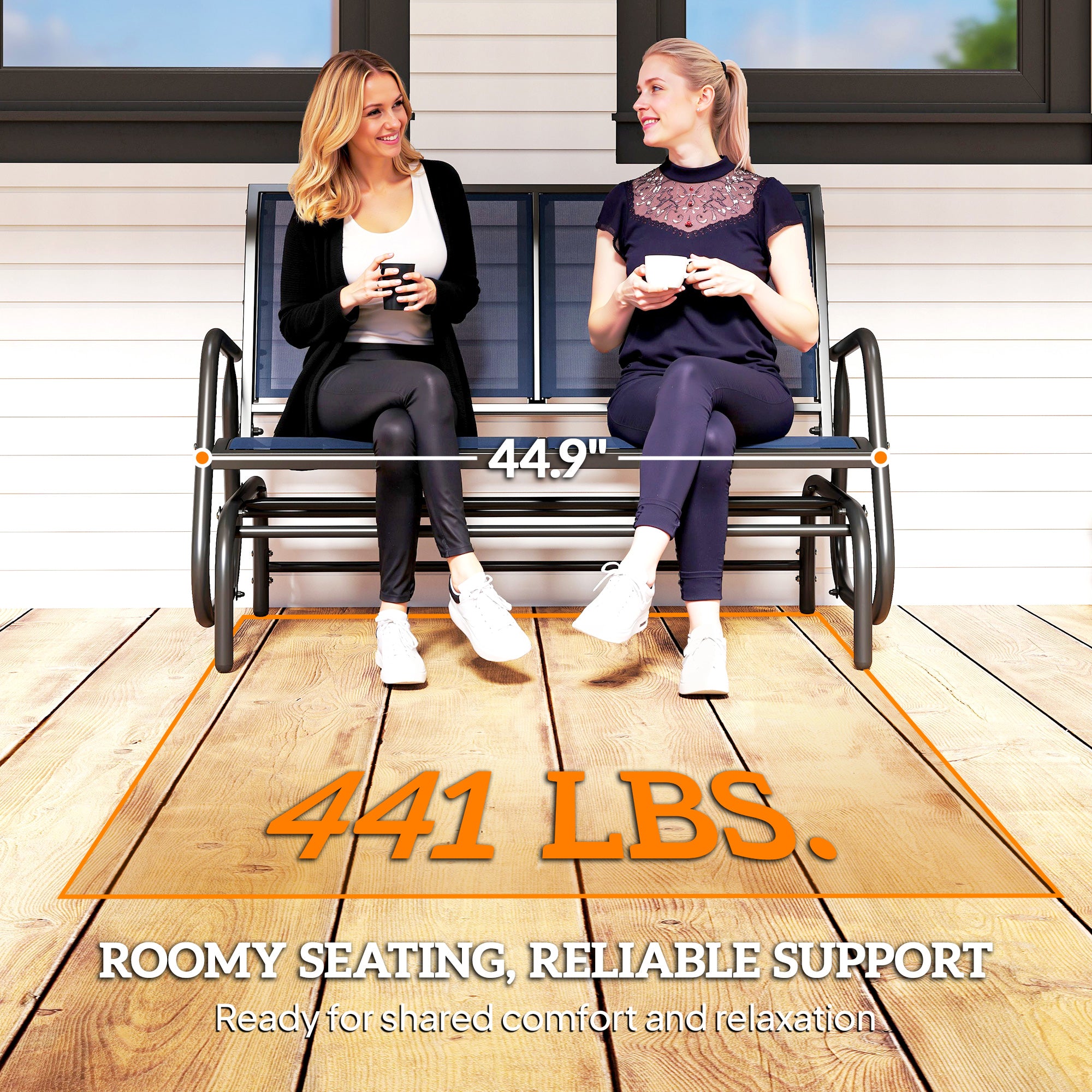 2-Person Outdoor Glider Bench, Patio Double Swing Rocking Chair Loveseat with  Steel Frame, Dark Blue