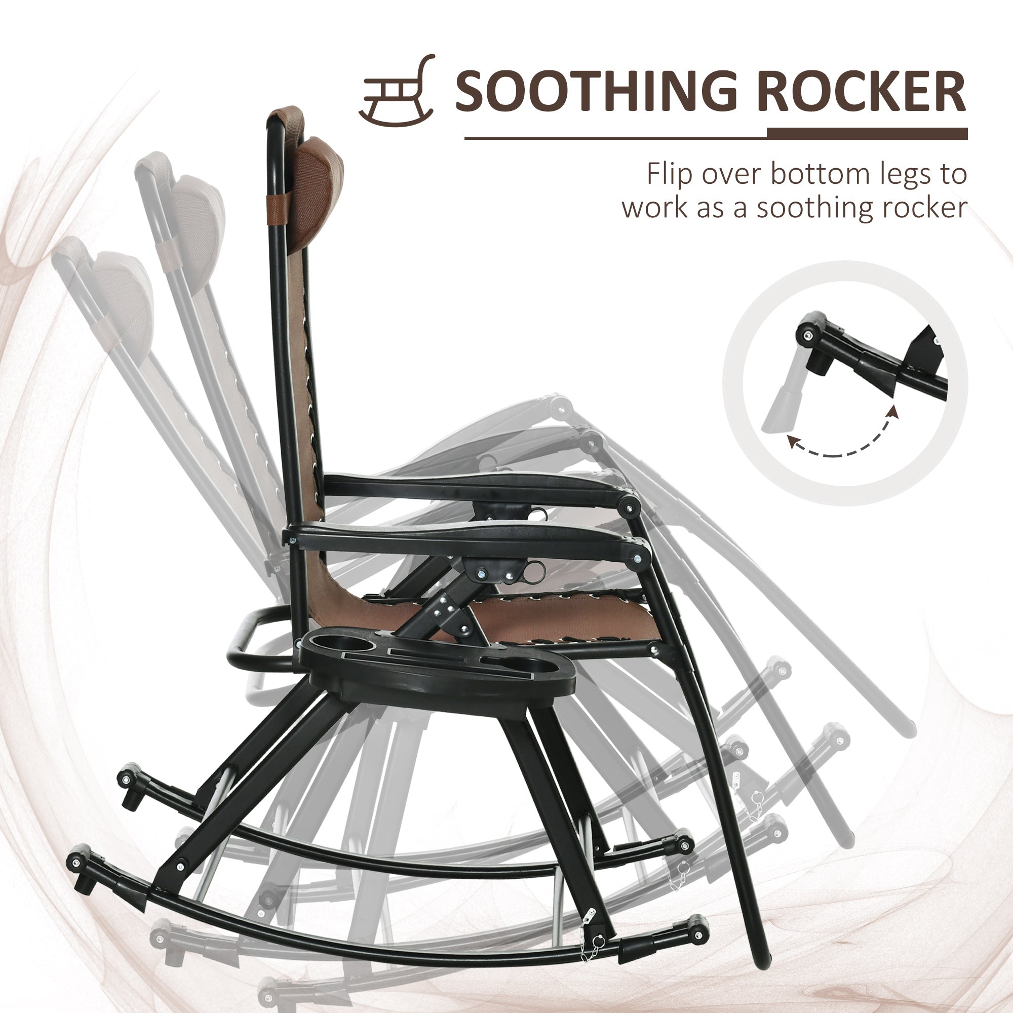2 Outdoor Rocking Chairs Foldable Reclining Zero Gravity Lounge Rockers w/ Pillow Cup & Phone Holder, Brown