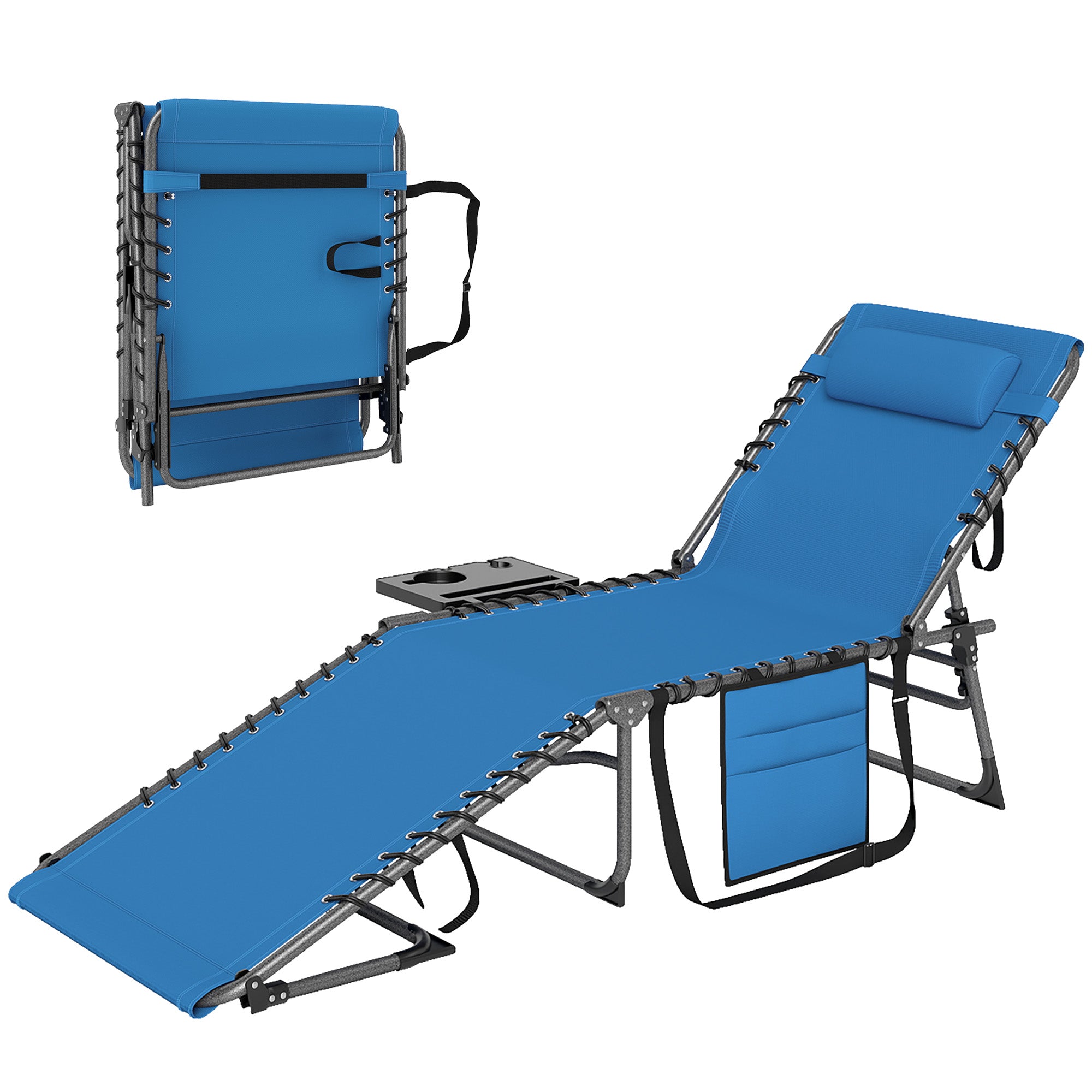 Folding Outdoor Chaise Lounge Chair Tanning Chair with 5-Level Adjustable Back, Side Table, Pillow, Pocket