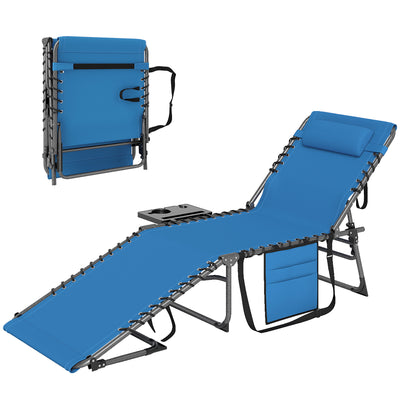 Folding Outdoor Chaise Lounge Chair Tanning Chair with 5-Level Adjustable Back, Side Table, Pillow, Pocket