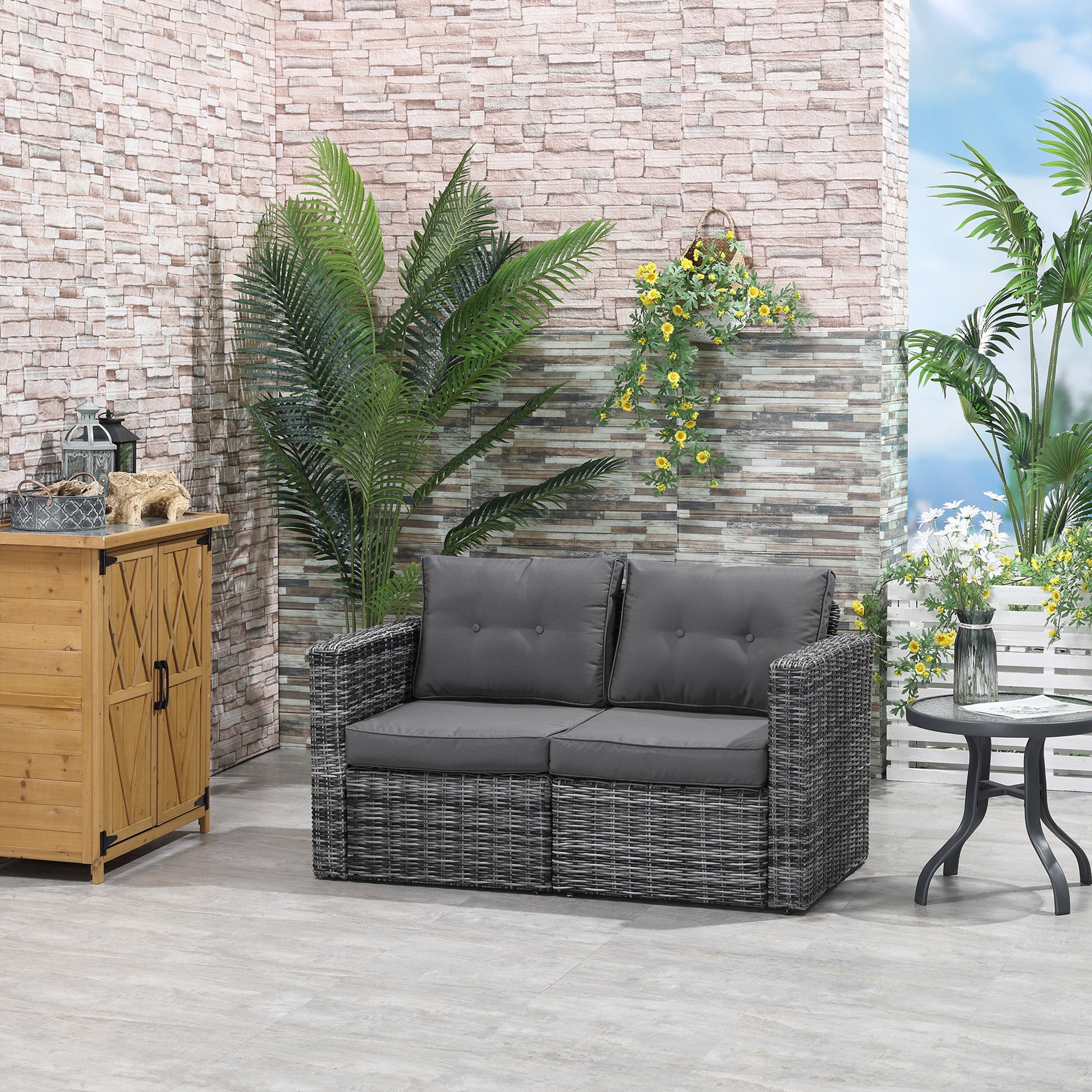 2 Piece Patio Wicker Corner Sofa Set, Outdoor PE Rattan Furniture, with Curved Armrests and Padded Cushions for Balcony, Garden, or Lawn