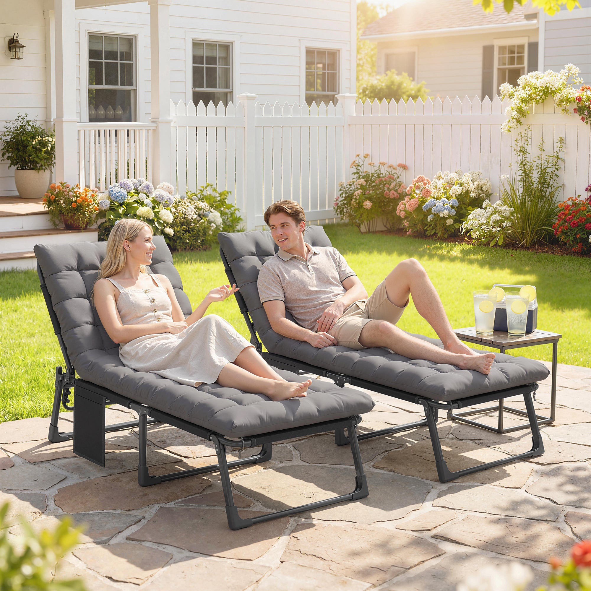 Folding Chaise Lounge Chair Outdoor Tanning Chair Set of 2 with 5-Position Backrest, Cushions, Side Pocket