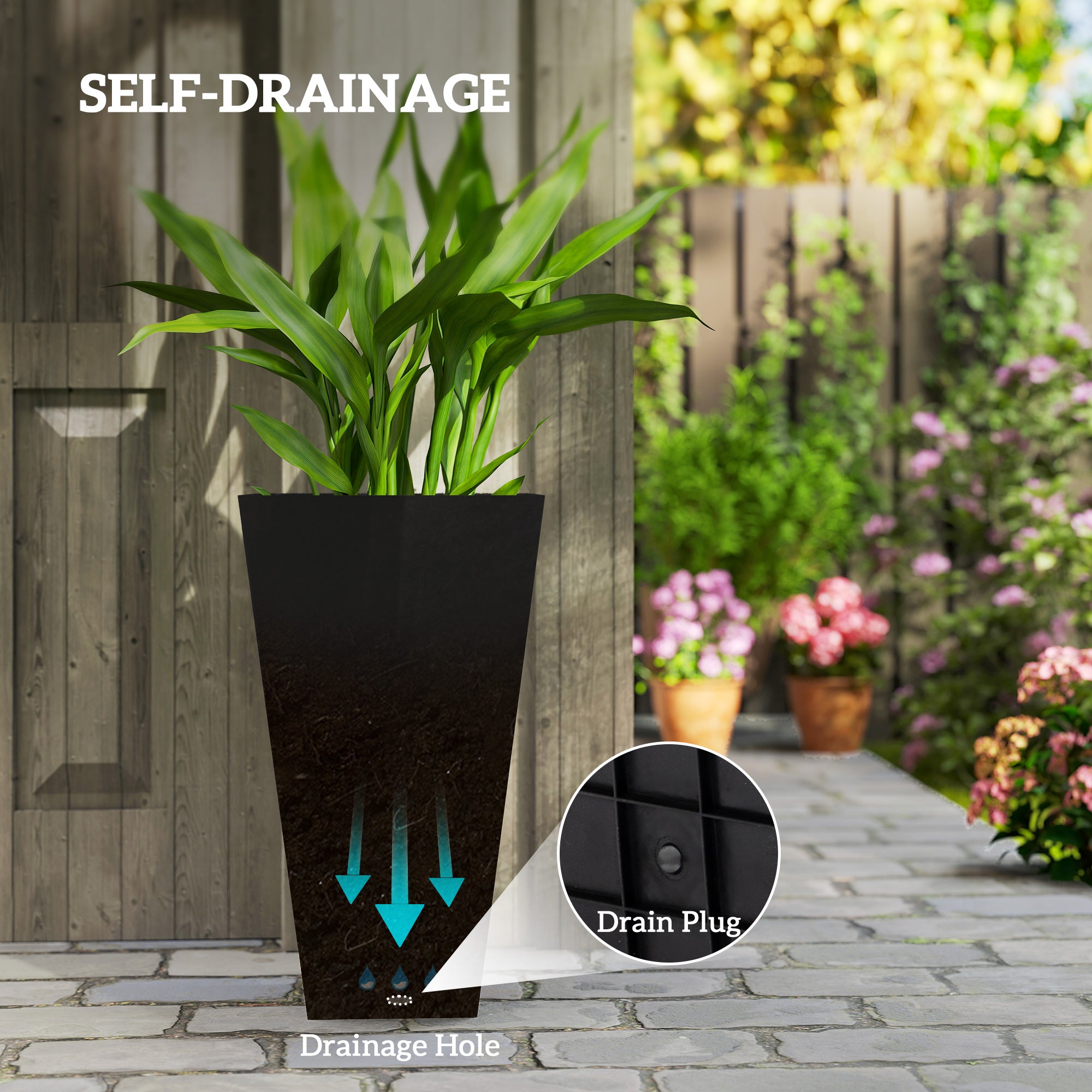 Tall Planters for Outdoor Plants Set of 3, 28 In Taper Planters with Drainage Holes, Indoor Grande Plant Pots, Front Porch Decor (Black)