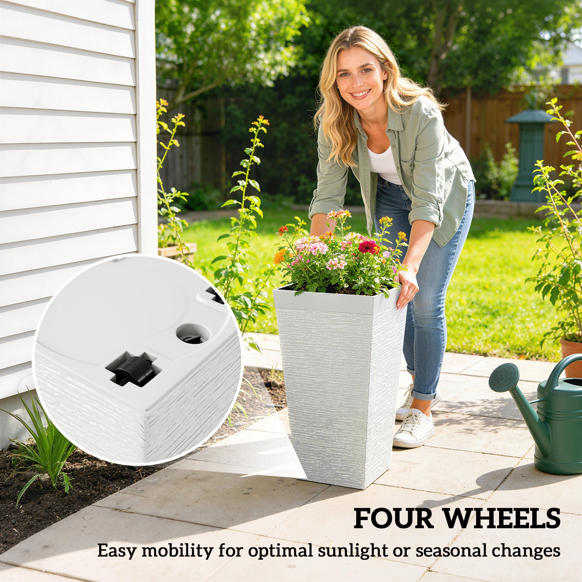 22.8 Inch Set of 3 Outdoor Planters with Stone Finish and Wheels, Stackable Tapered Planters with Drainage Hole