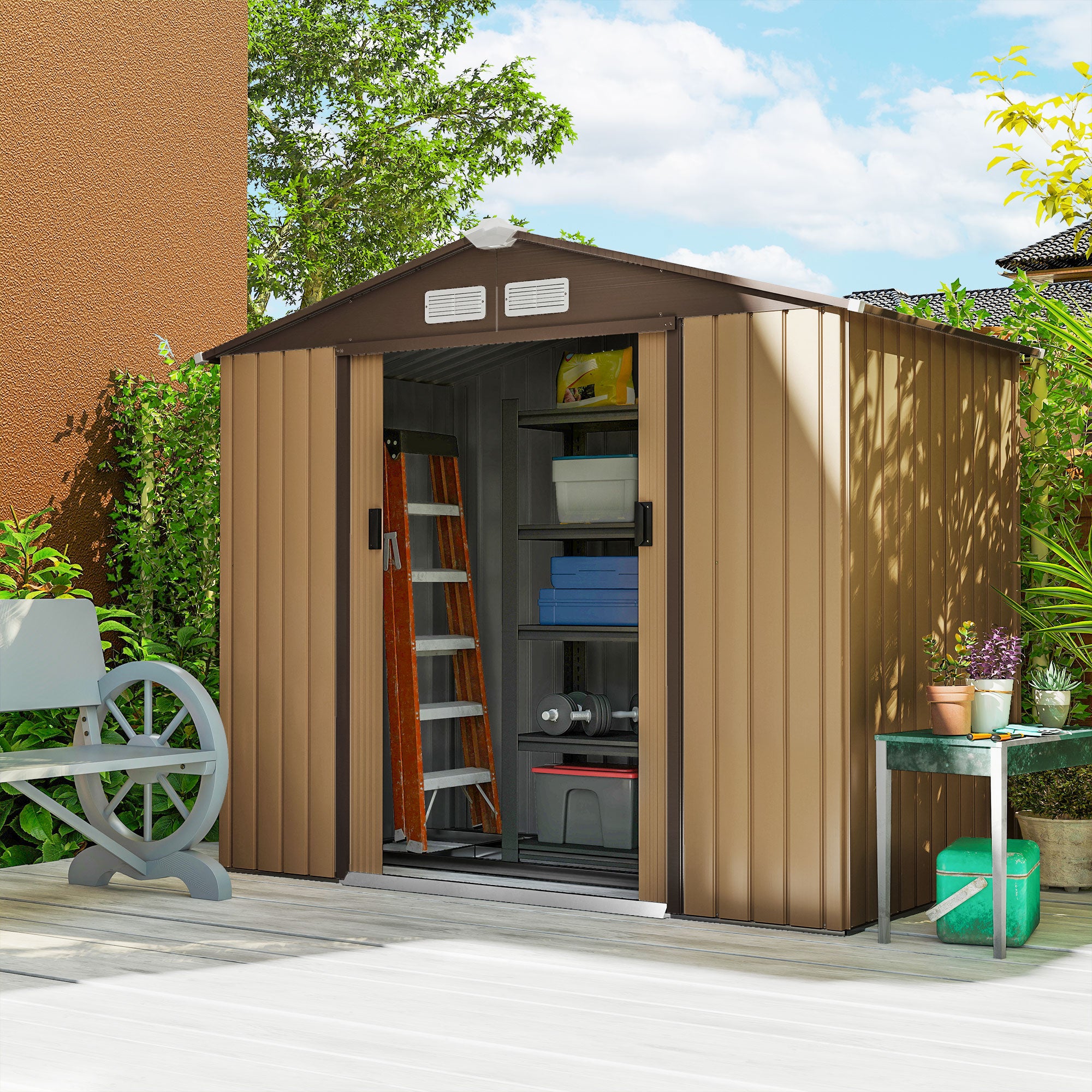 7' x 4' Outdoor Storage Shed, Garden Tool Metal Shed with Foundation Kit, Double Lockable Door, Air Vents and Sloping Roof, for Backyard, Patio, Lawn