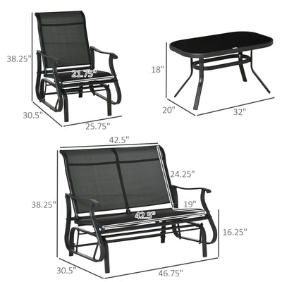 4 Pieces Gliders Set, Outdoor Furniture Sets with 2-Person Glider Patio Bench, Single Sling Chair and Glass Coffee Table for Backyard, Lawn and Garden, Black