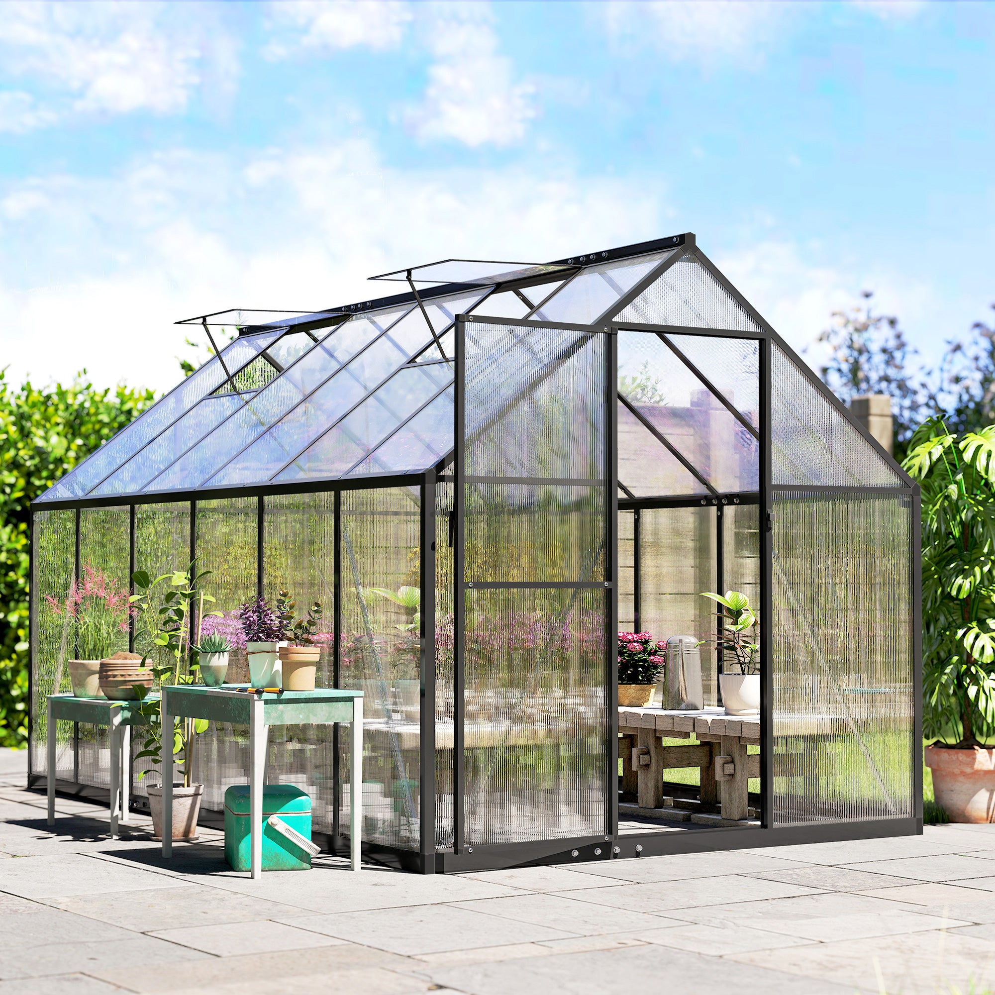 Polycarbonate Greenhouse with Swing Door and Two Adjustable Roof Vents, Aluminum Walk-in Greenhouse, 11x6 ft