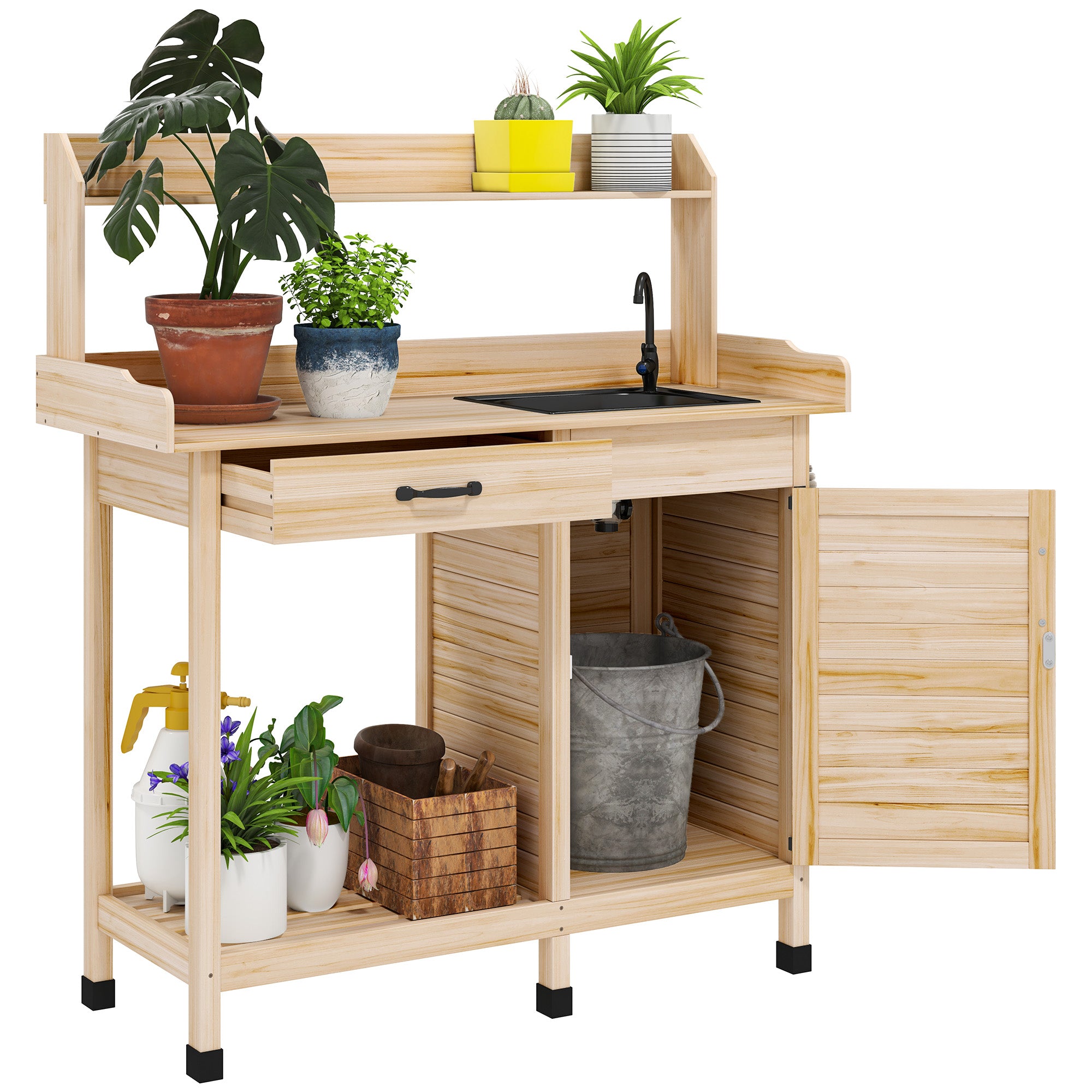 Potting Bench Table with Removable Sink, Outdoor Work Bench Table with Storage Cabinet, Hooks, Faucet and Drawer for Greenhouse, Garden, Patio
