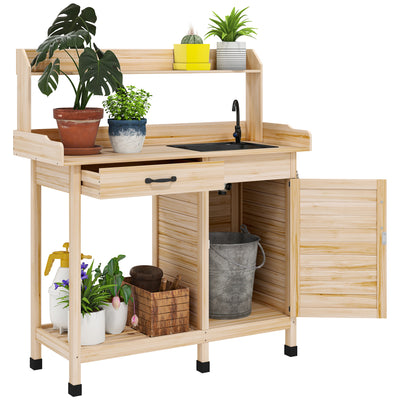 Potting Bench Table with Removable Sink, Outdoor Work Bench Table with Storage Cabinet, Hooks, Faucet and Drawer for Greenhouse, Garden, Patio