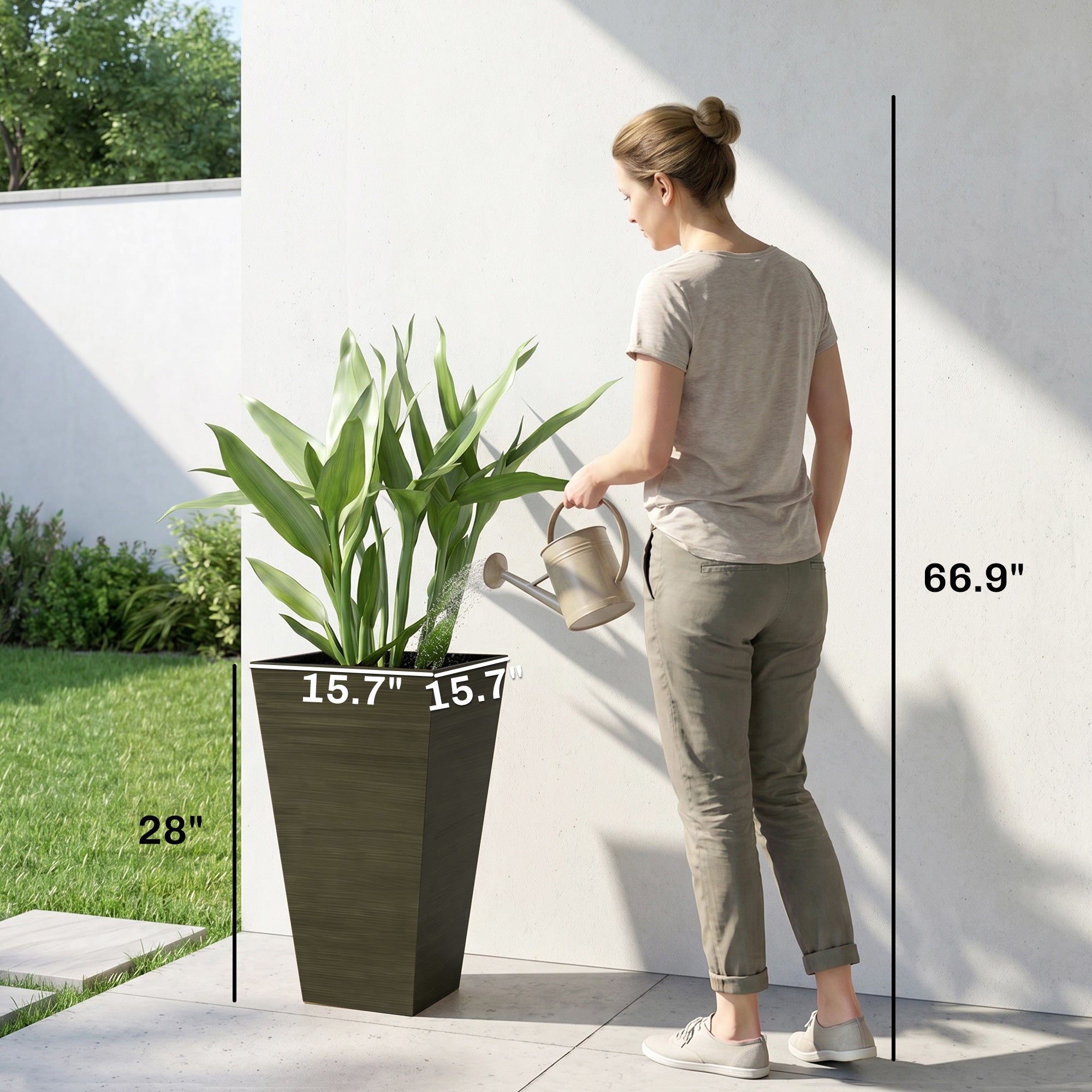 Set of 3 Tall Planters, 28" Outdoor Planter w/ Drainage Holes, Faux Wood Plastic Flower Pots