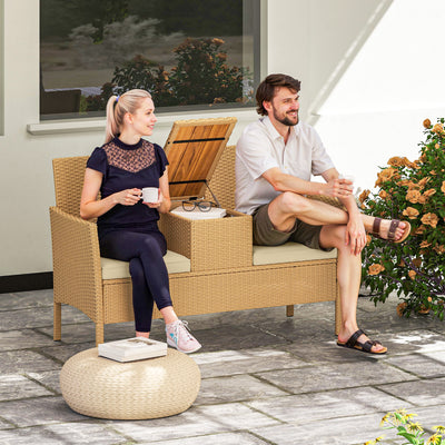 Patio Sofa Wicker Loveseat with Built-in Flip-Top Coffee Table and Cushions for Balcony, Garden, Lawn, Backyard, Khaki