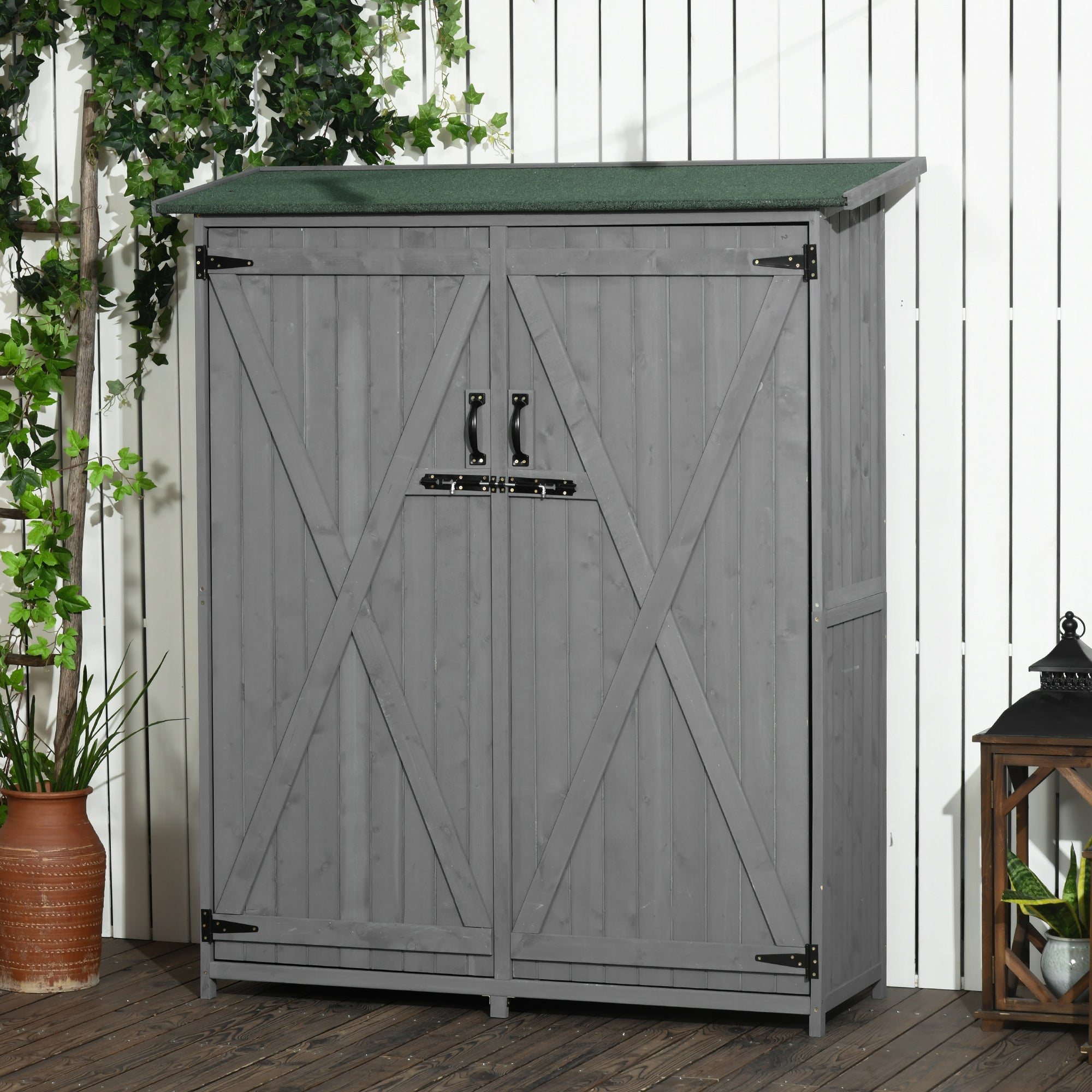 Outdoor Storage Cabinet Wooden Garden Shed Utility Tool Organizer with Waterproof Asphalt Rood, Lockable Doors, 3 Tier Shelves for Lawn, Backyard