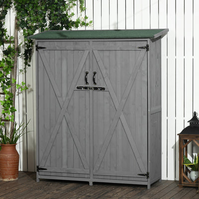 Outdoor Storage Cabinet Wooden Garden Shed Utility Tool Organizer with Waterproof Asphalt Rood, Lockable Doors, 3 Tier Shelves for Lawn, Backyard