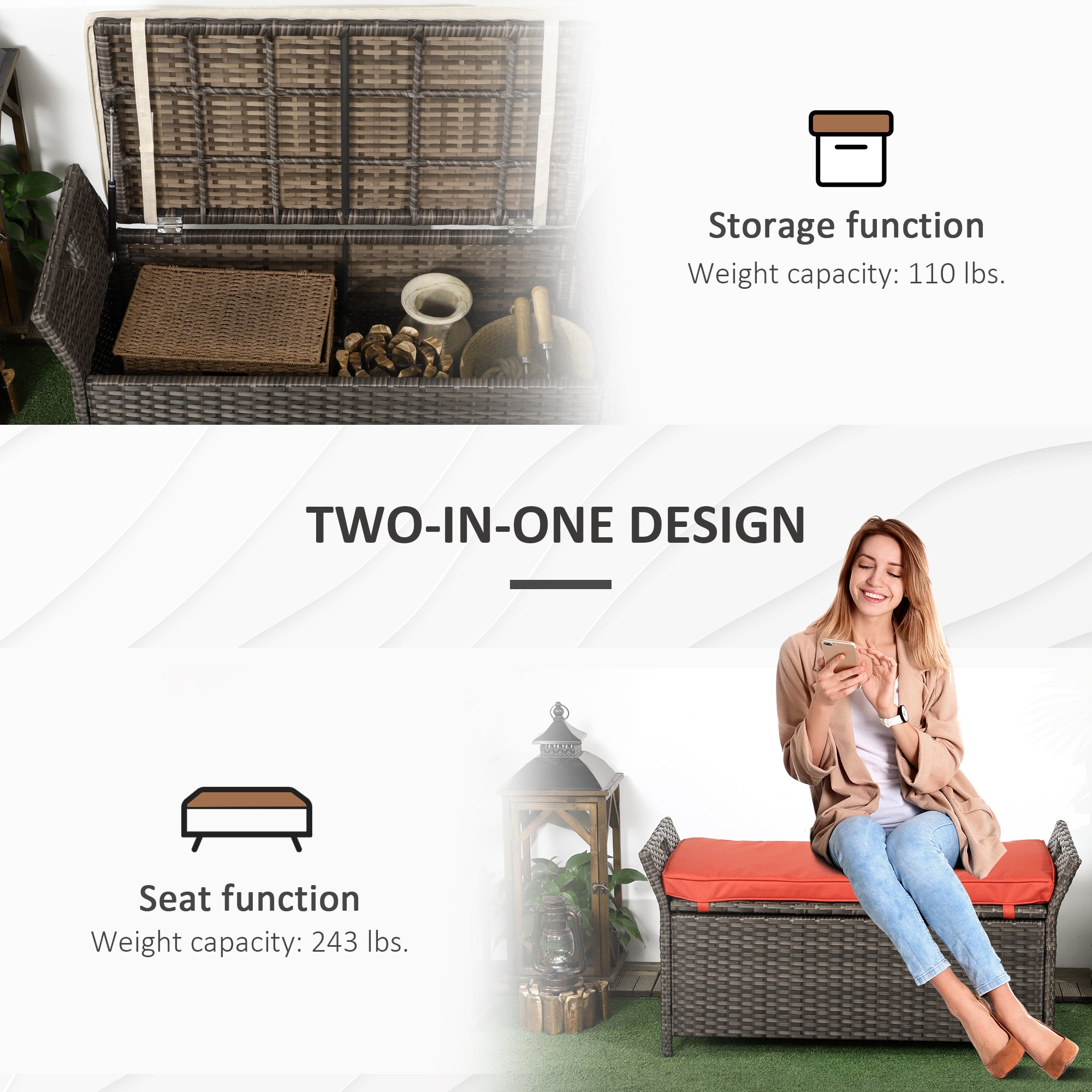29 Gallon Patio Wicker Storage Bench, Outdoor PE Rattan Furniture, 2-In-1 Large Capacity Rectangle Garden Storage Box with Handles and Cushion