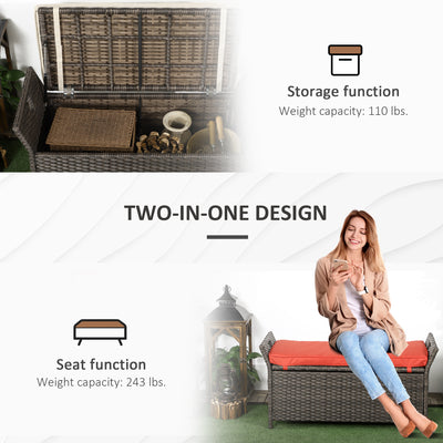 29 Gallon Patio Wicker Storage Bench, Outdoor PE Rattan Furniture, 2-In-1 Large Capacity Rectangle Garden Storage Box with Handles and Cushion