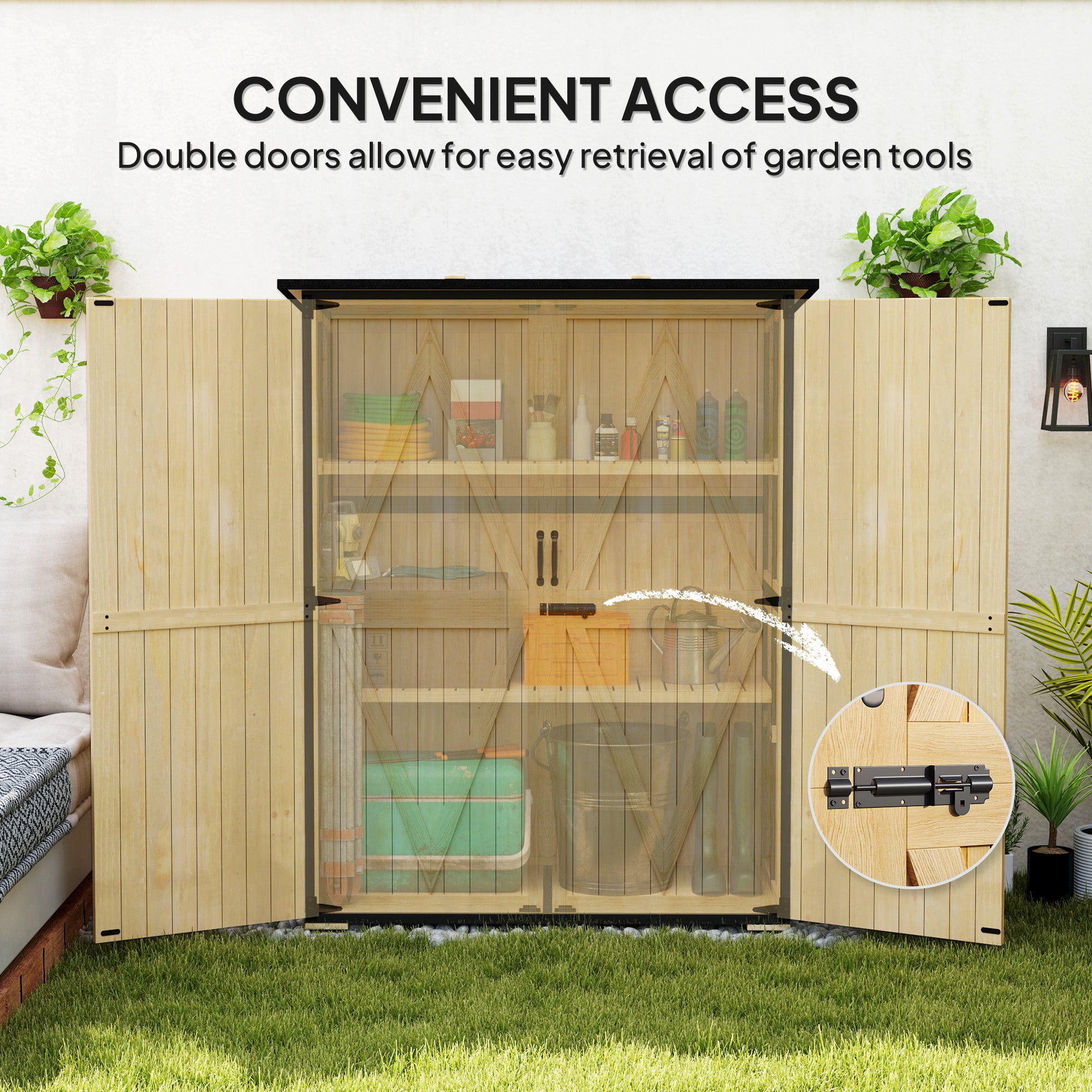 Wood Storage Shed, Outdoor Garden Shed with Asphalt Roof, 2 Shelves, Lockable Doors and Adjustable Feet