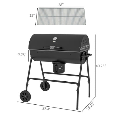Barrel Charcoal BBQ Grill, Barbecue with 420 sq.in. Cooking Area, Wheels, Ash Catcher, Black