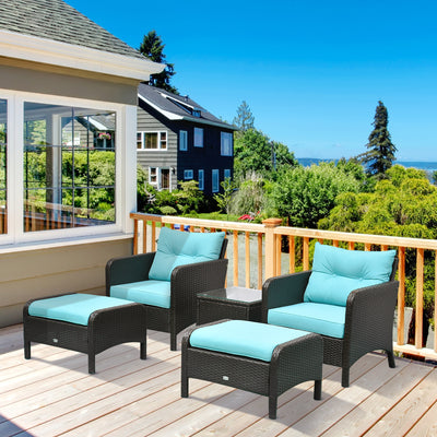 5 Pieces Rattan Wicker Lounge Chair Outdoor Patio Conversation Set with 2 Cushioned Chairs, 2 Ottomans and Tempered Glass Top Coffee Table