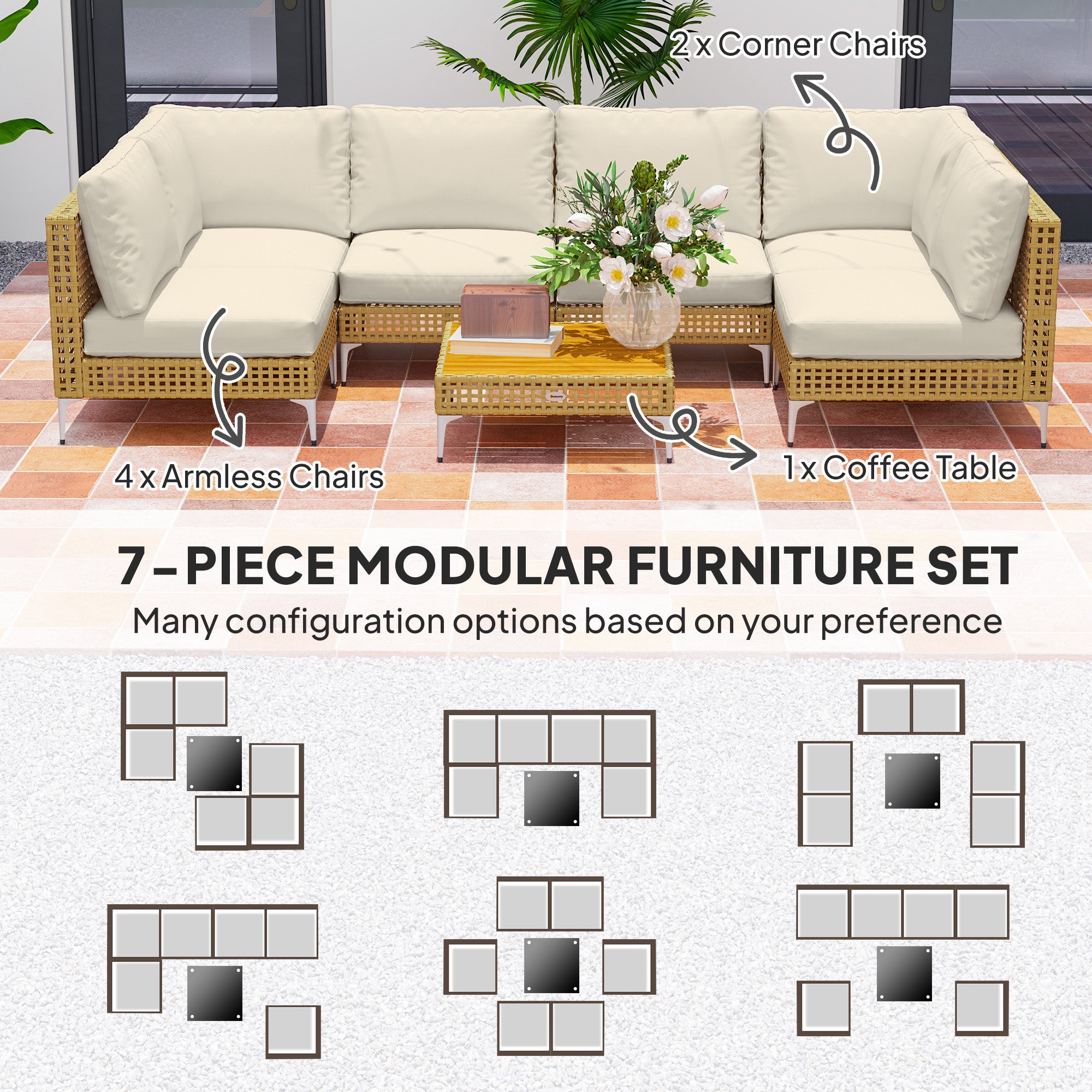 7 Piece Wicker Patio Furniture Set, Modular Outdoor Sectional with Thickened Cushions, Acacia Wood Table