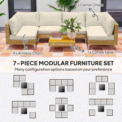 7 Piece Wicker Patio Furniture Set, Modular Outdoor Sectional with Thickened Cushions, Acacia Wood Table
