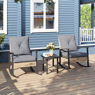 3 Pieces Bistro Set, Patio Wicker Furniture Set with Button Tufted Cushions, Rattan Rocking Chairs, Coffee Table