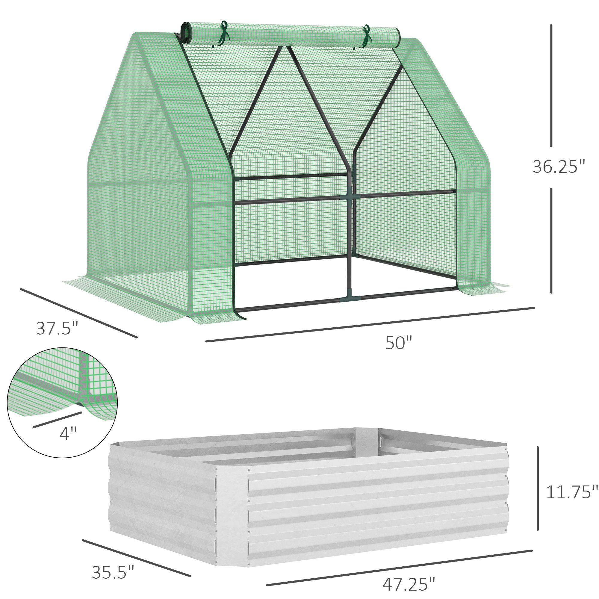 Raised Garden Bed with Cover, Outdoor Galvanized Metal Planter Box Kit, 4 x 3 ft Mini Greenhouse with 2 Large Screen Windows, for Growing Flowers, Vegetables and Herbs