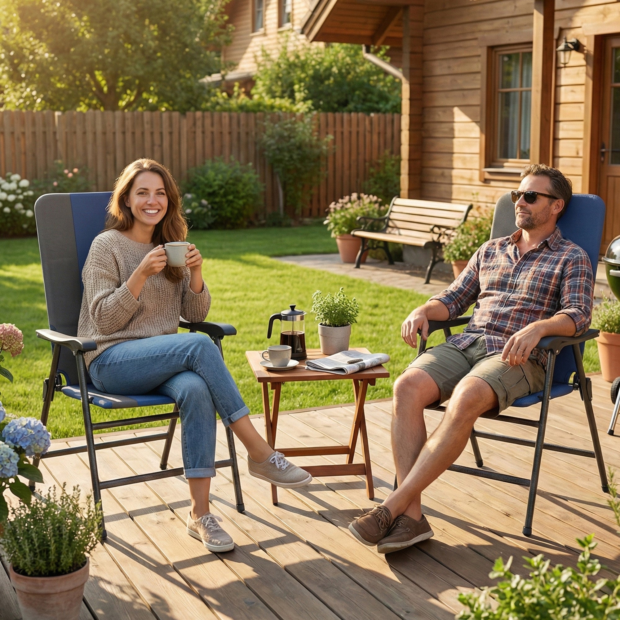 Folding Patio Chairs Set of 2, Padded High Back Lawn Camping Chairs with Armrests, 600D Oxford Fabric