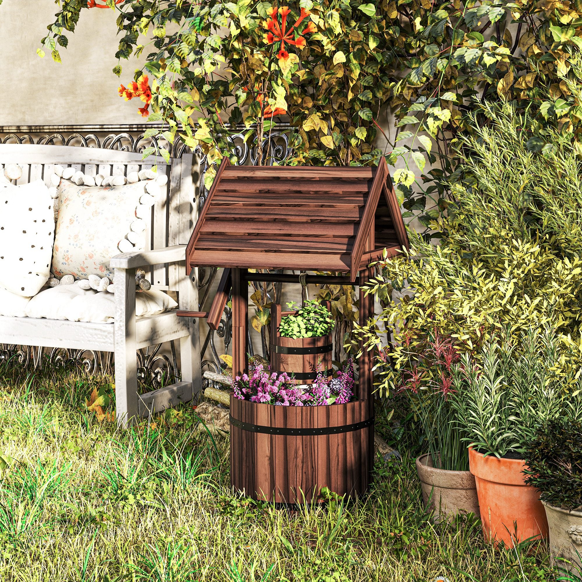 Wood Wishing Well for Outside with Hanging Bucket, Wishing Well Planter with Drain Hole for Garden Patio