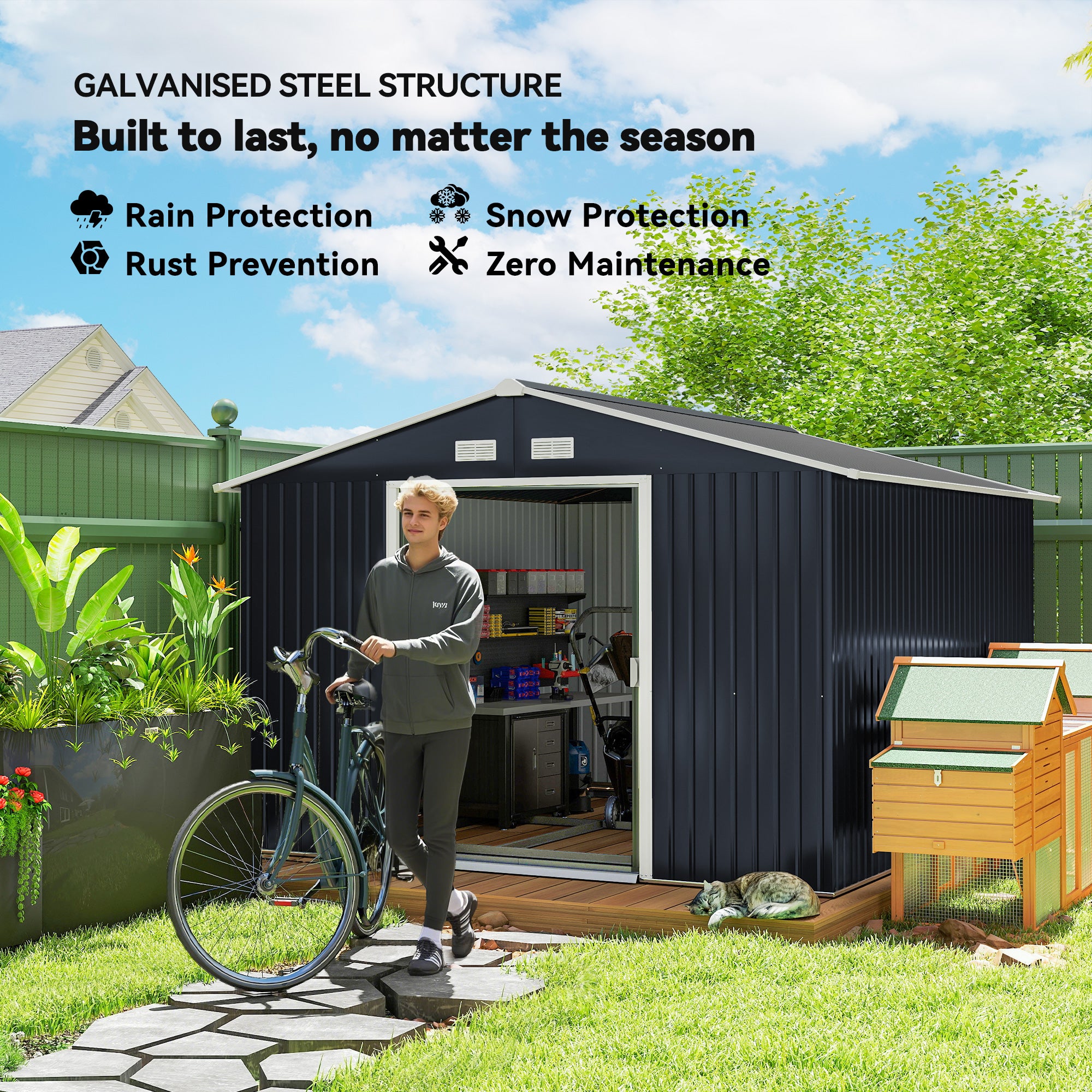11' x 9' Outdoor Storage Shed, Garden Tool Metal Shed with Foundation Kit, Double Lockable Door, Air Vents and Sloping Roof, for Backyard, Patio, Lawn