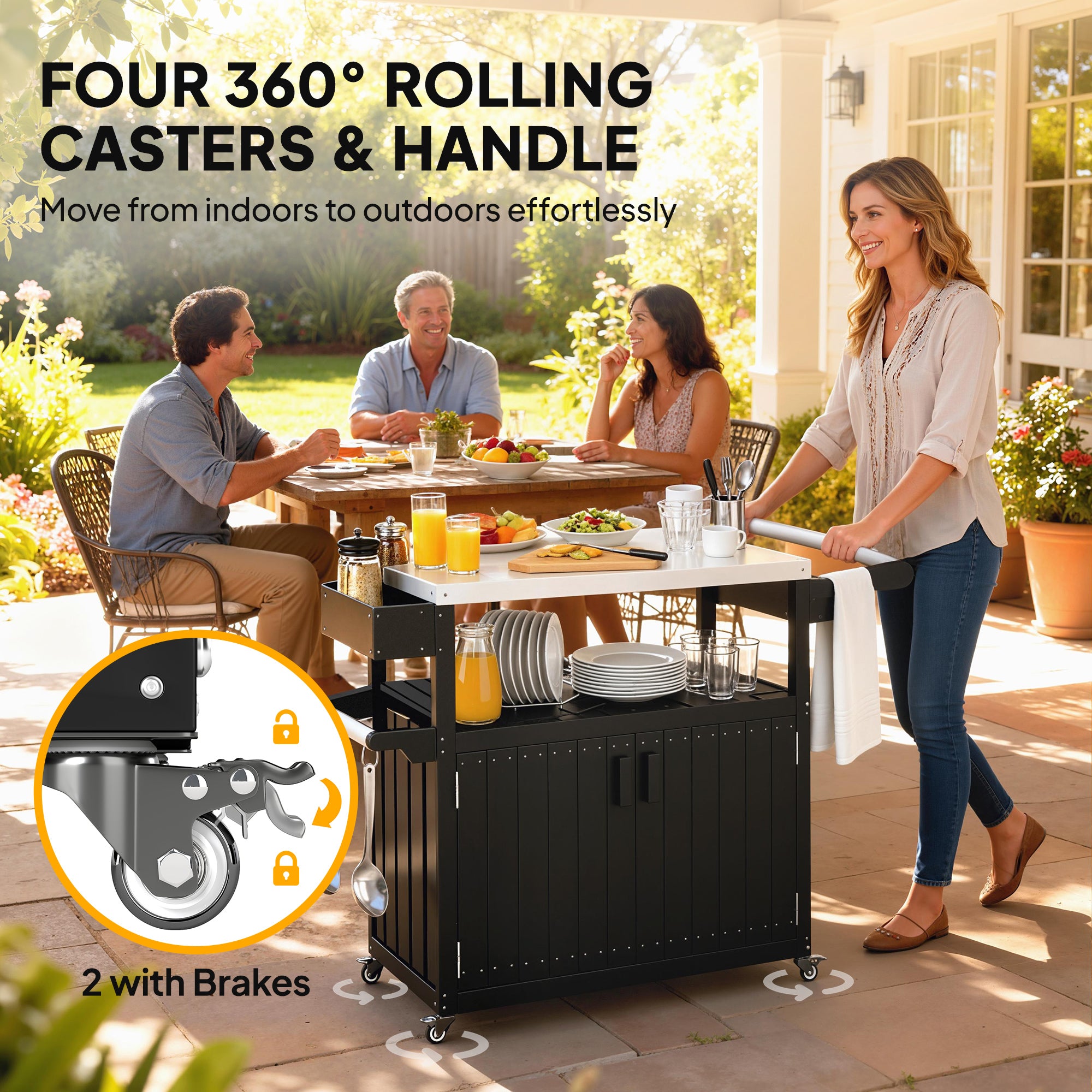Outdoor Bar Cart with Storage, Stainless Steel Outdoor Bar Table Top, Wheeled HDPE Kitchen Island for Food Prep
