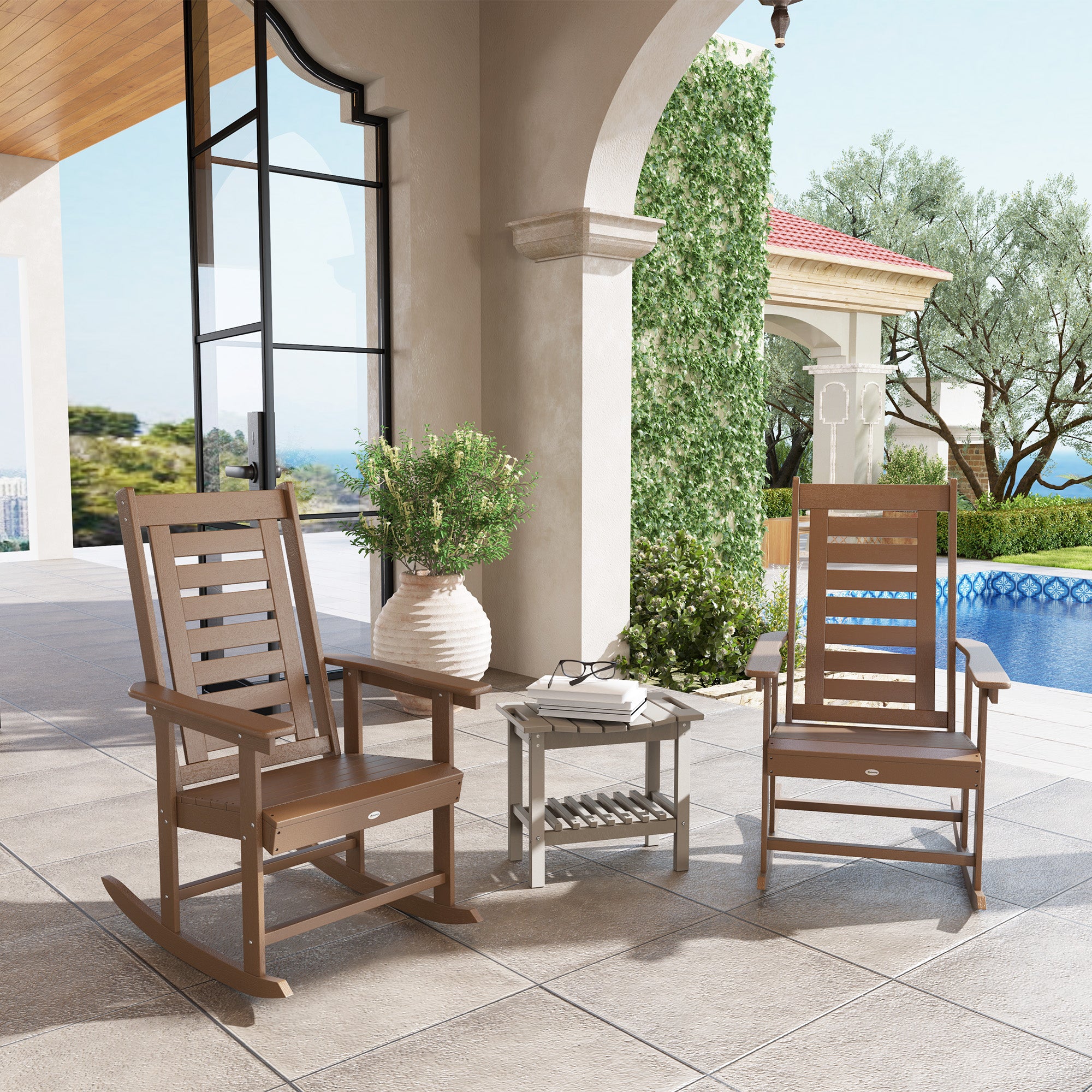 2 Pieces Outdoor Rocking Chairs, HDPE Patio Rockers with 28" High Back, Wide Armrests for Porch Backyard