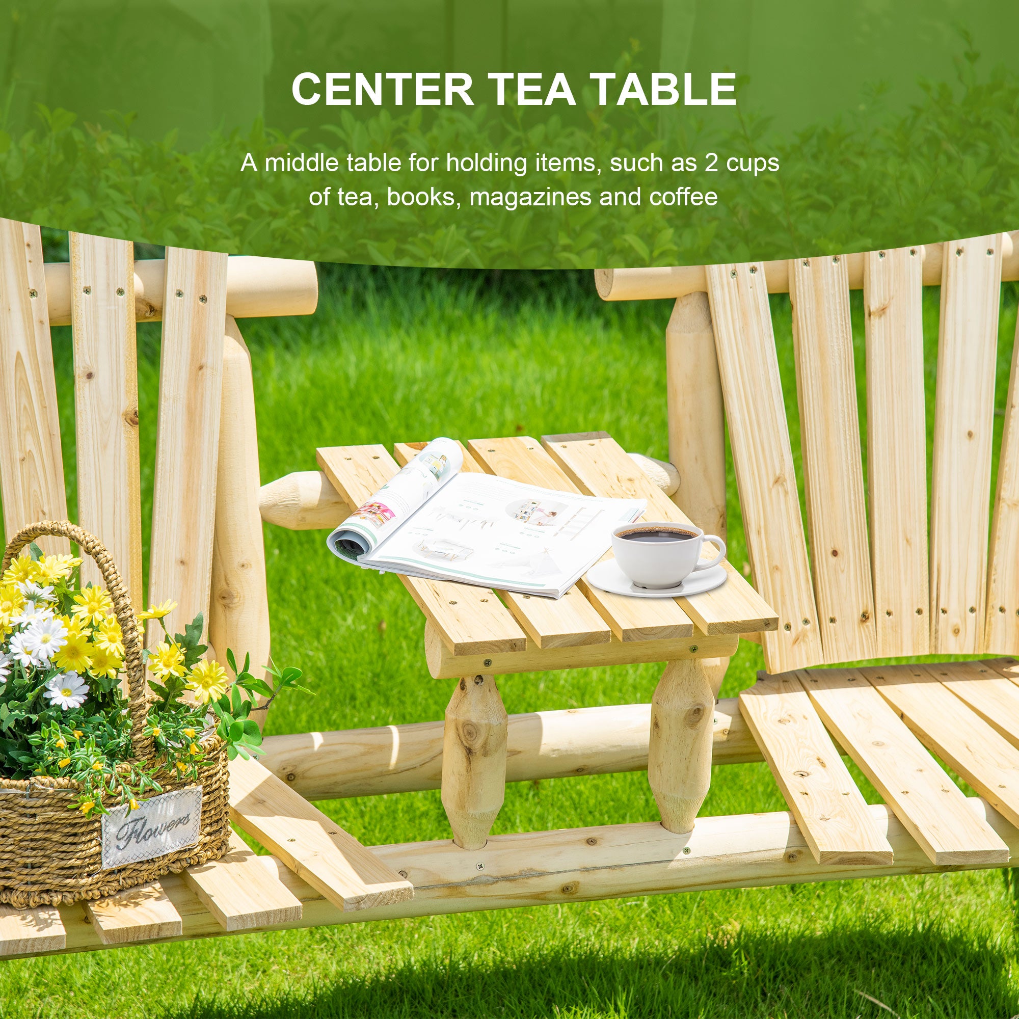 2-Seat Wooden Adirondack Chair, Patio Bench with Table, Outdoor Loveseat Fire Pit Chair for Porch, Backyard, Deck