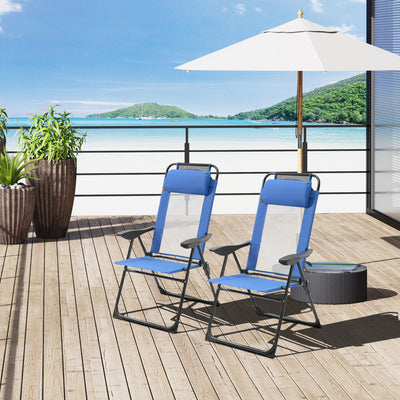 Folding Patio Dining Chairs Set of 2, Outdoor Deck Chair with Removable Headrest, Camping Chair with Adjustable Sling Back for Garden, Backyard, Lawn