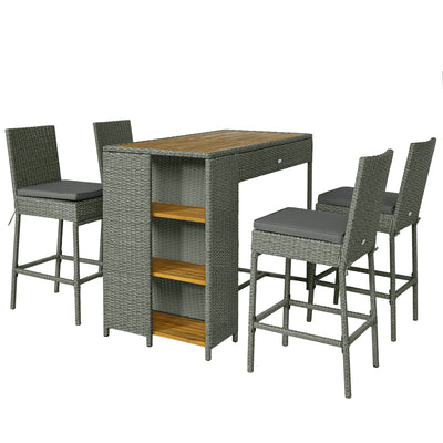 5 Piece Wicker Outdoor Bar Set, Acacia Wood Outdoor High Top Table and Chairs with 3 Tier Shelves, Cushions