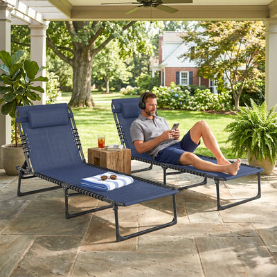 2 Folding Chaise Lounge Pool Chairs with 4-Position Reclining Back, Pillow, Breathable Mesh & Bungee Seat